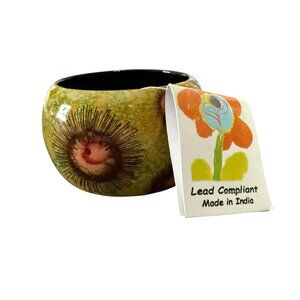 Hand painted Wood Wide Bangle Bracelet Abstract Sunburst Design Green Pink Hues